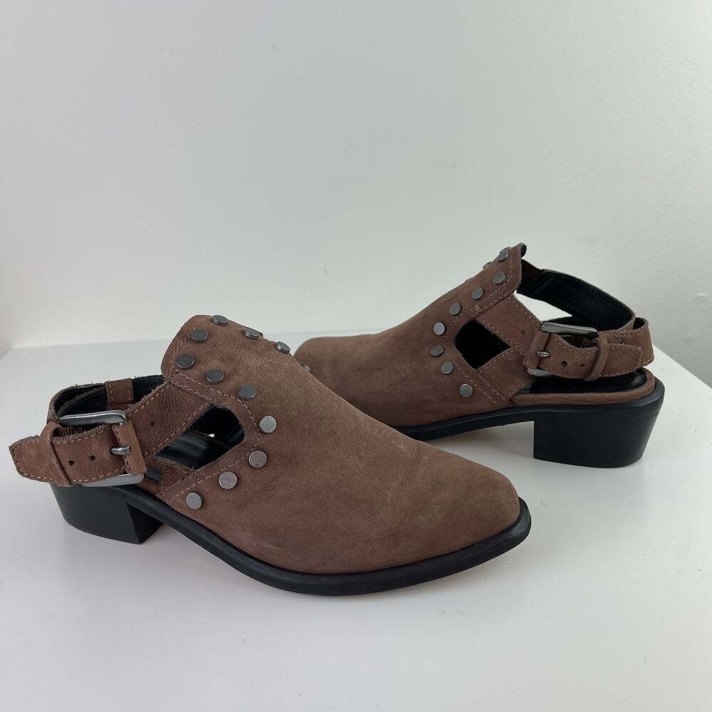 MADE Open Heel Brown Shoes Mules Studded Buckle Pointed Toe Leather Size 7.5